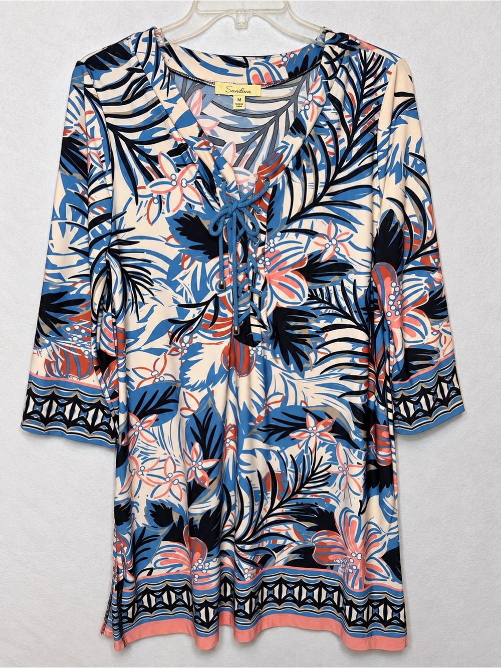 Sandiva Women’s Medium Tropical Floral Lace-Up Tunic Top Blue Coral 3/4 Sleeve